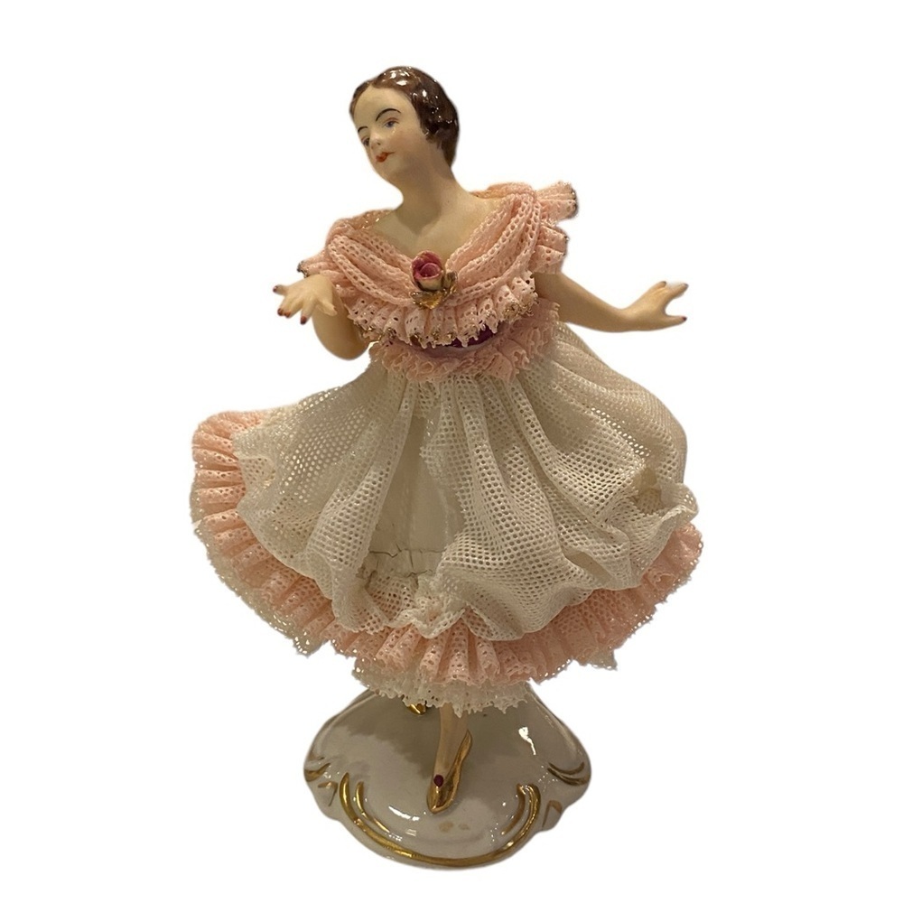 Dresden Vintage Porcelain Cream Lace Pink Trim Flowers Ballerina Dancer DAMAGED